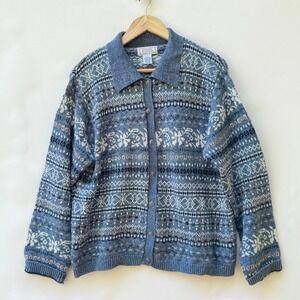 Jennifer Moore Women's Large Blue Grandmacore Fair Isle Knit Sweater Cardigan
